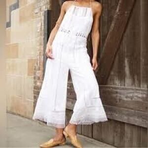 Free People Womens Sydney Sky Jumpsuit White Boho Crochet Wide Leg Halter XS